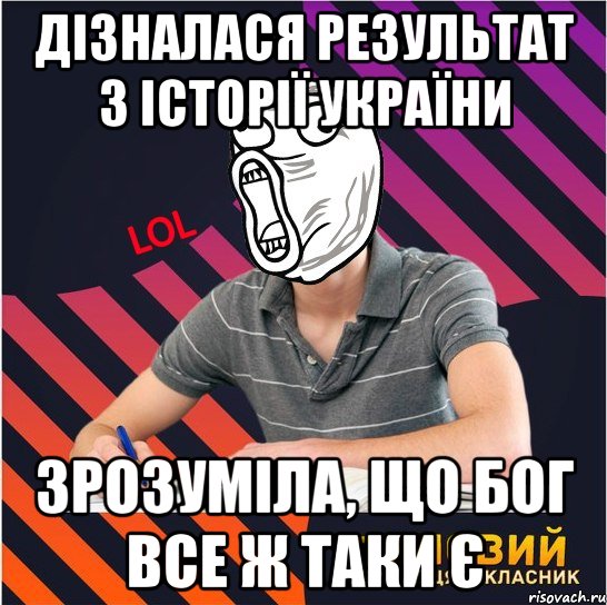 дізналася результат з історії україни зрозуміла, що бог все ж таки є, Мем Типовий одинадцятикласник