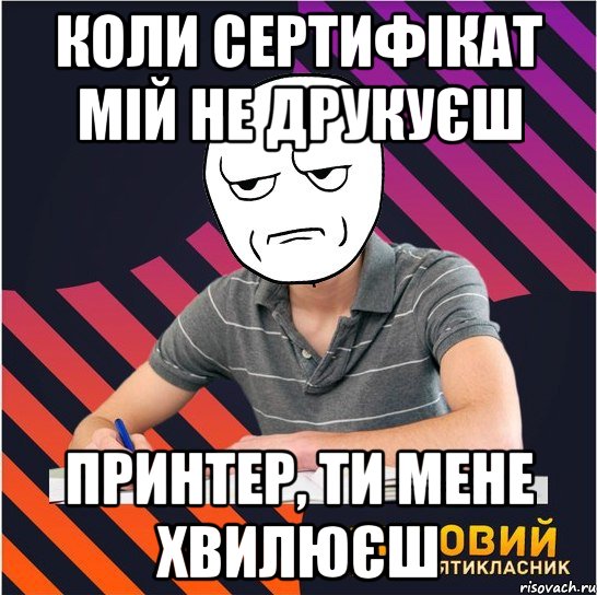 коли сертифікат мій не друкуєш принтер, ти мене хвилюєш, Мем Типовий одинадцятикласник