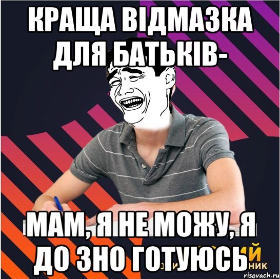 краща відмазка для батьків- мам, я не можу, я до зно готуюсь, Мем Типовий одинадцятикласник