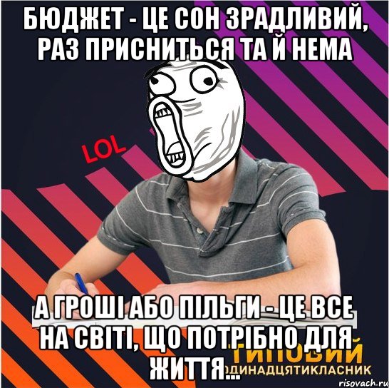 бюджет - це сон зрадливий, раз присниться та й нема а гроші або пільги - це все на світі, що потрібно для життя...