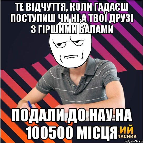 те відчуття, коли гадаєш поступиш чи ні,а твої друзі з гіршими балами подали до нау на 100500 місця, Мем Типовий одинадцятикласник