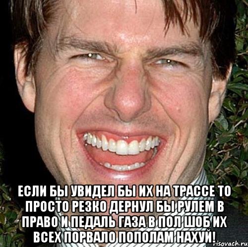  если бы увидел бы их на трассе то просто резко дернул бы рулем в право и педаль газа в пол шоб их всех порвало пополам нахуй!, Мем Том Круз