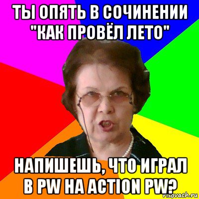 ты опять в сочинении "как провёл лето" напишешь, что играл в pw на action pw?, Мем Типичная училка