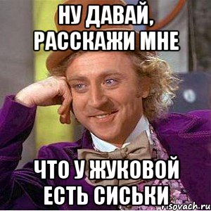 ну давай, расскажи мне что у жуковой есть сиськи, Мем Ну давай расскажи (Вилли Вонка)