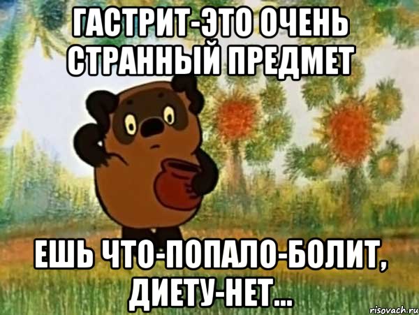 гастрит-это очень странный предмет ешь что-попало-болит, диету-нет..., Мем Винни пух чешет затылок