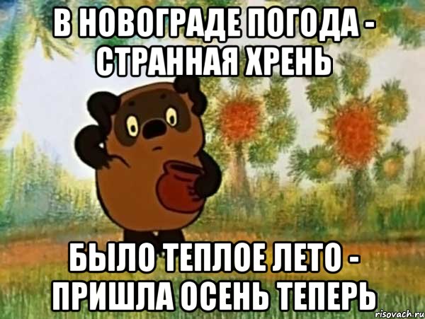 в новограде погода - странная хрень было теплое лето - пришла осень теперь, Мем Винни пух чешет затылок