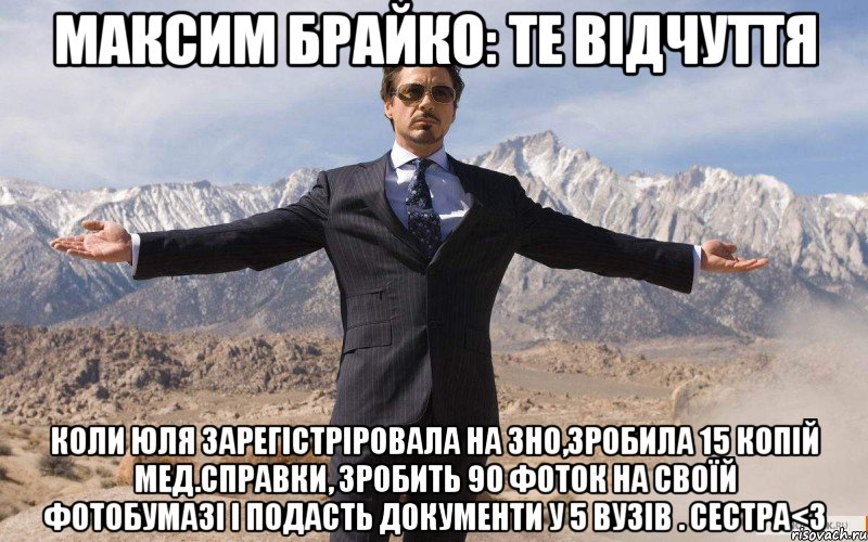 максим брайко: те відчуття коли юля зарегістріровала на зно,зробила 15 копій мед.справки, зробить 90 фоток на своїй фотобумазі і подасть документи у 5 вузів . сестра<3, Мем железный человек