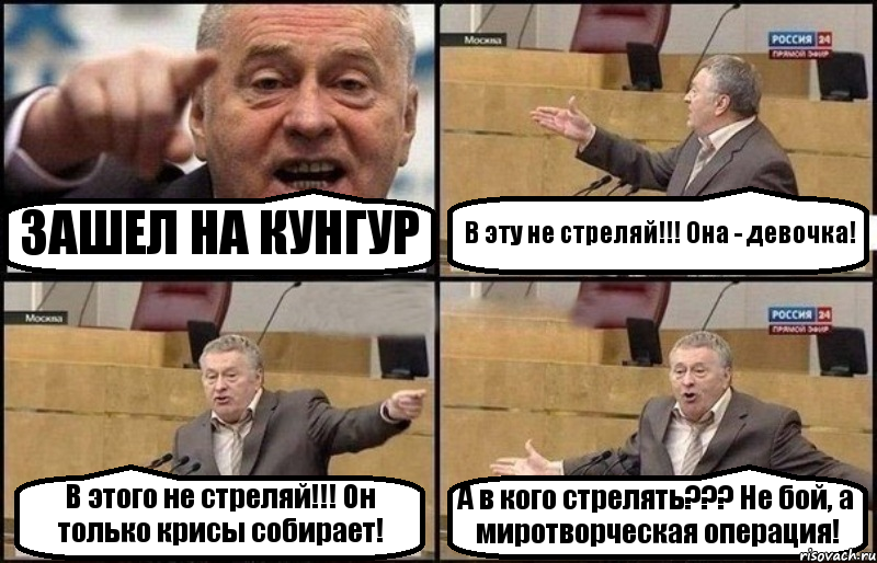 ЗАШЕЛ НА КУНГУР В эту не стреляй!!! Она - девочка! В этого не стреляй!!! Он только крисы собирает! А в кого стрелять??? Не бой, а миротворческая операция!, Комикс Жириновский