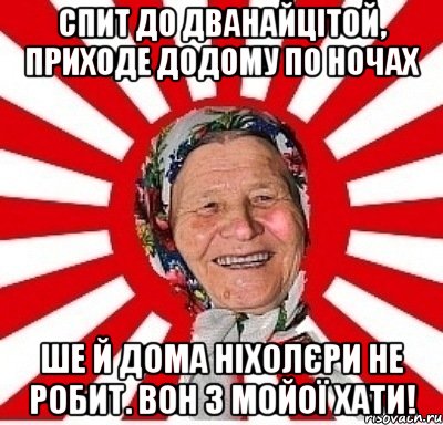 спит до дванайцітой, приходе додому по ночах ше й дома ніхолєри не робит. вон з мойої хати!, Мем  бабуля