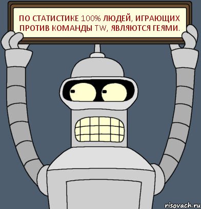 По статистике 100% людей, играющих против команды TW, являются геями., Комикс Бендер с плакатом