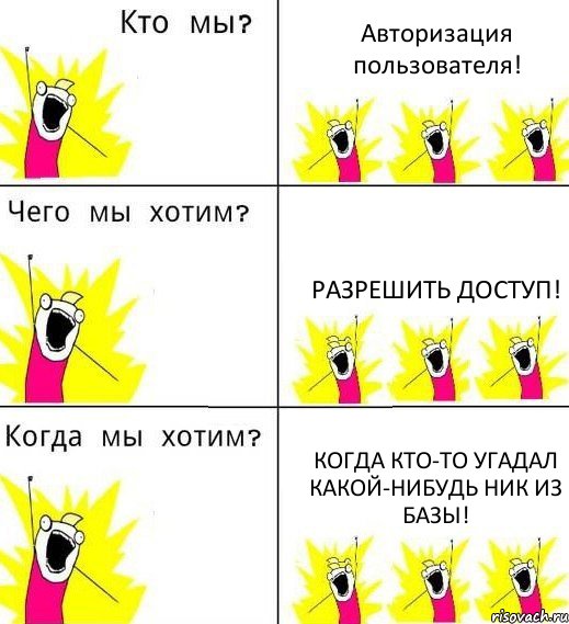 Авторизация пользователя! Разрешить доступ! Когда кто-то угадал какой-нибудь ник из базы!, Комикс Что мы хотим