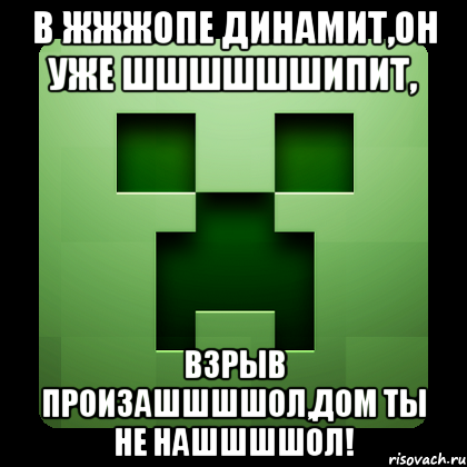 в жжжопе динамит,он уже шшшшшшипит, взрыв произашшшшол,дом ты не нашшшшол!, Мем Creeper