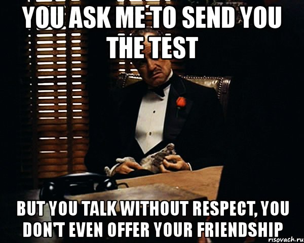 you ask me to send you the test but you talk without respect, you don't even offer your friendship, Мем Дон Вито Корлеоне