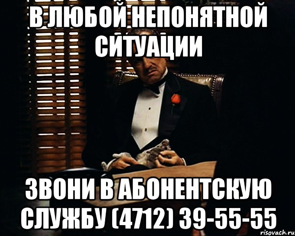 в любой непонятной ситуации звони в абонентскую службу (4712) 39-55-55, Мем Дон Вито Корлеоне