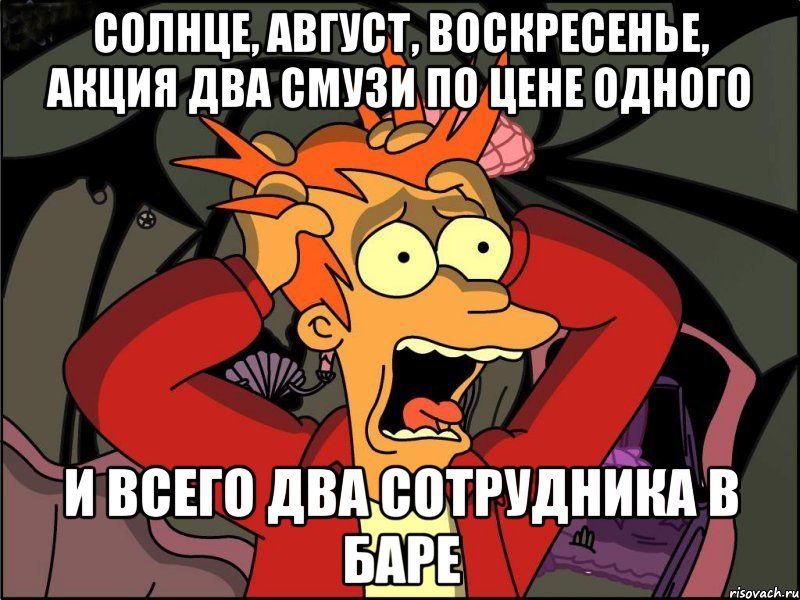 солнце, август, воскресенье, акция два смузи по цене одного и всего два сотрудника в баре, Мем Фрай в панике