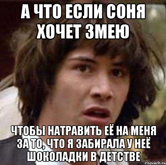 а что если соня хочет змею чтобы натравить её на меня за то, что я забирала у неё шоколадки в детстве, Мем А что если (Киану Ривз)