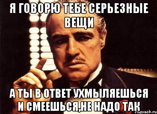 я говорю тебе серьезные вещи а ты в ответ ухмыляешься и смеешься,не надо так, Мем крестный отец