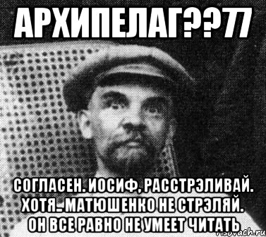 архипелаг??77 согласен. иосиф, расстрэливай. хотя.. матюшенко не стрэляй. он все равно не умеет читать, Мем   Ленин удивлен