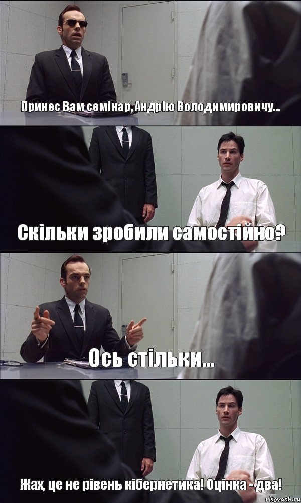 Принес Вам семінар, Андрію Володимировичу... Скільки зробили самостійно? Ось стільки... Жах, це не рівень кібернетика! Оцінка - два!