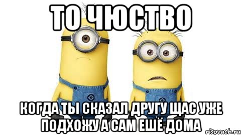 то чюство когда ты сказал другу щас уже подхожу а сам ешё дома, Мем Миньоны