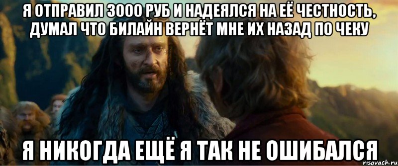 я отправил 3000 руб и надеялся на её честность, думал что билайн вернёт мне их назад по чеку я никогда ещё я так не ошибался, Мем никогда еще так не ошибался