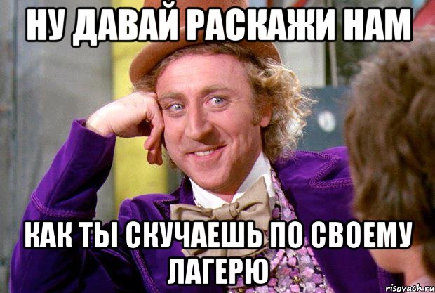 ну давай раскажи нам как ты скучаешь по своему лагерю, Мем Ну давай расскажи (Вилли Вонка)