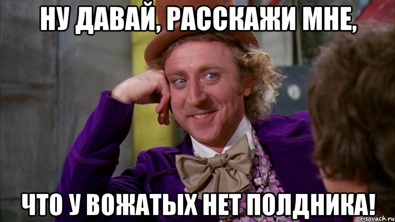 ну давай, расскажи мне, что у вожатых нет полдника!, Мем Ну давай расскажи (Вилли Вонка)