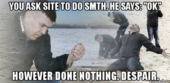 you ask site to do smth. he says: "ok" however done nothing. despair., Мем Мужик сыпет песок на пляже
