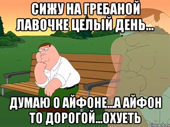 сижу на гребаной лавочке целый день... думаю о айфоне...а айфон то дорогой...охуеть, Мем Задумчивый Гриффин