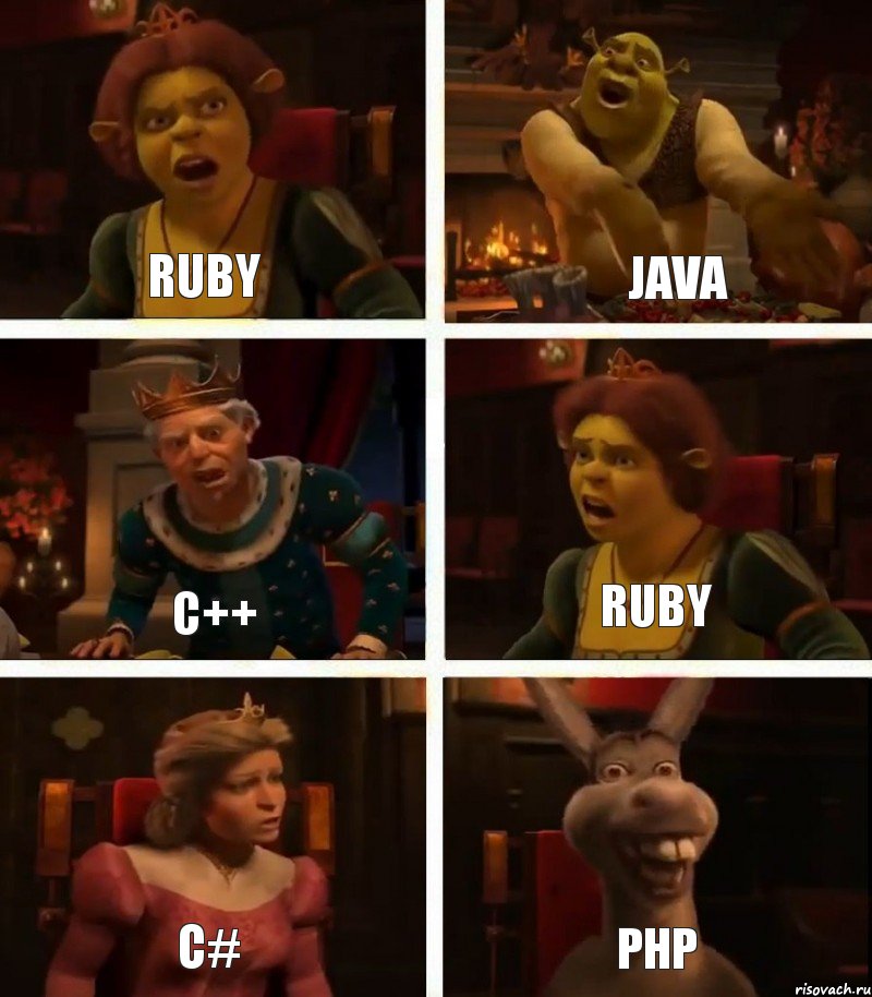 ruby c++ c# java ruby php, Комикс  Шрек Фиона Гарольд Осел