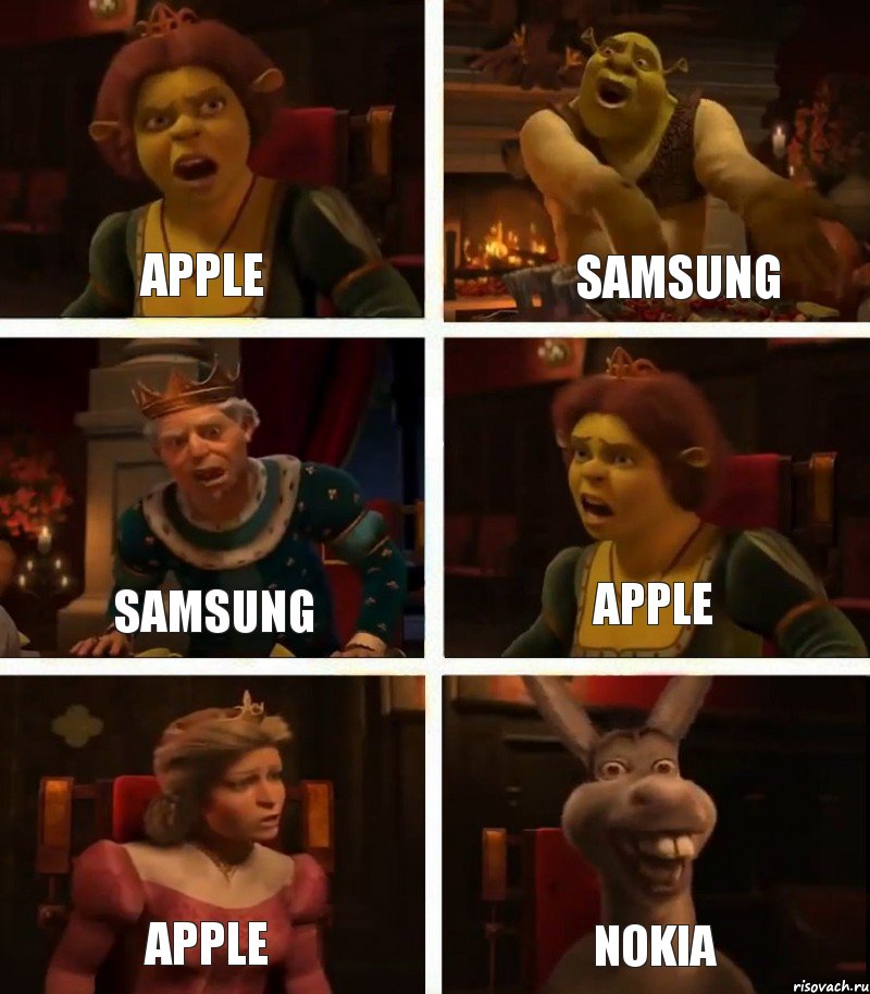 Apple Samsung Apple Samsung Apple Nokia, Комикс  Шрек Фиона Гарольд Осел