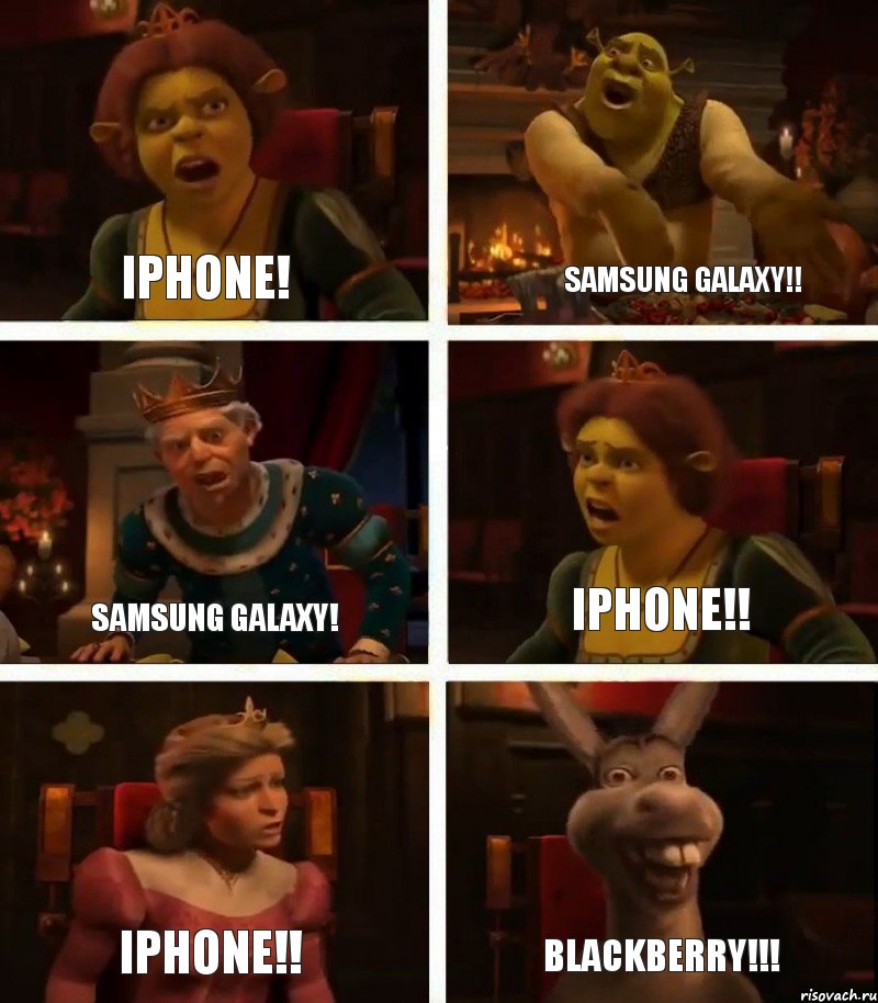 IPhone! Samsung Galaxy! IPhone!! Samsung Galaxy!! IPhone!! BlackBerry!!!, Комикс  Шрек Фиона Гарольд Осел