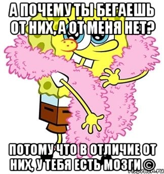 а почему ты бегаешь от них, а от меня нет? потому что в отличие от них, у тебя есть мозги ©, Мем Спанч боб