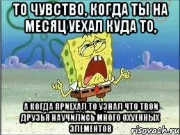 то чувство, когда ты на месяц уехал куда то, а когда приехал то узнал что твои друзья научились много охуенных элементов, Мем Спанч Боб плачет