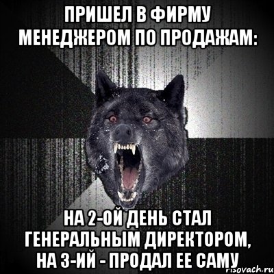 пришел в фирму менеджером по продажам: на 2-ой день стал генеральным директором, на 3-ий - продал ее саму, Мем Сумасшедший волк