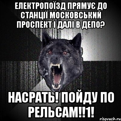 електропоїзд прямує до станції московський проспект і далі в депо? насрать! пойду по рельсам!!1!, Мем Сумасшедший волк