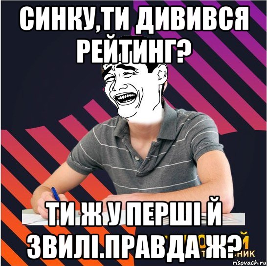 синку,ти дивився рейтинг? ти ж у перші й звилі.правда ж?, Мем Типовий одинадцятикласник