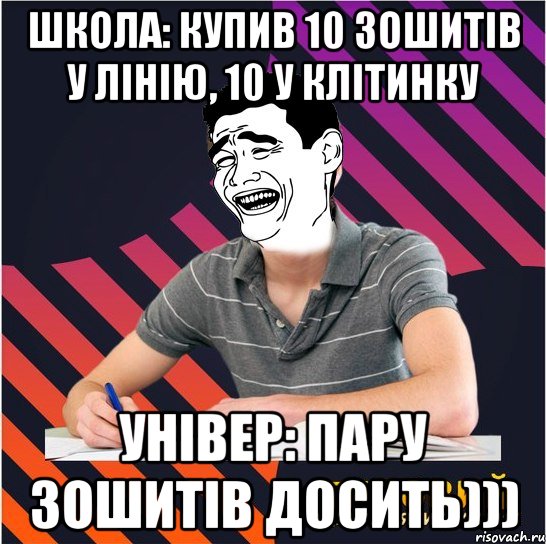 школа: купив 10 зошитів у лінію, 10 у клітинку універ: пару зошитів досить))), Мем Типовий одинадцятикласник