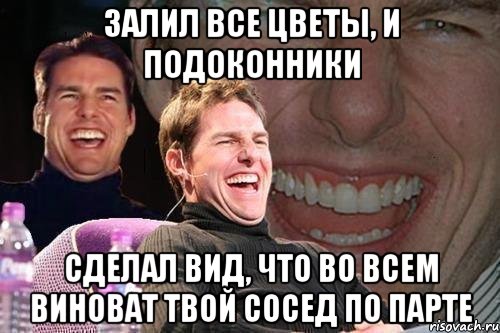 залил все цветы, и подоконники сделал вид, что во всем виноват твой сосед по парте, Мем том круз