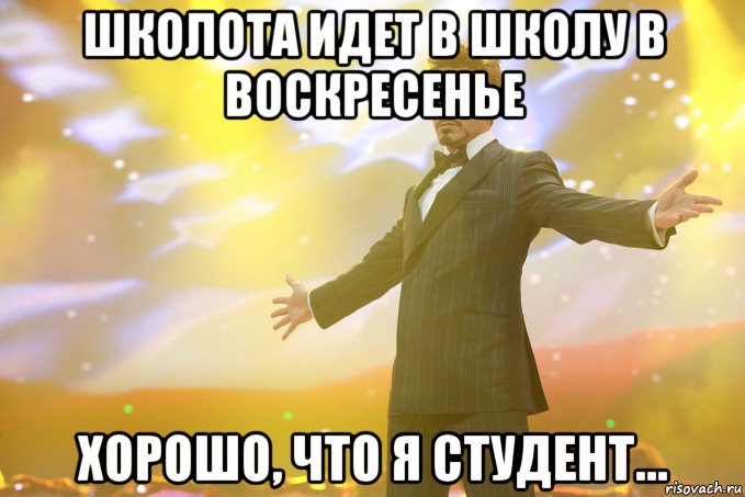 школота идет в школу в воскресенье хорошо, что я студент..., Мем Тони Старк (Роберт Дауни младший)