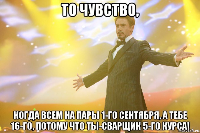 то чувство, когда всем на пары 1-го сентября, а тебе 16-го, потому что ты-сварщик 5-го курса!, Мем Тони Старк (Роберт Дауни младший)