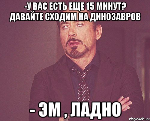 -у вас есть еще 15 минут? давайте сходим на динозавров - эм , ладно, Мем твое выражение лица