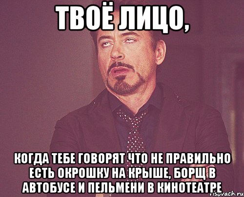 твоё лицо, когда тебе говорят что не правильно есть окрошку на крыше, борщ в автобусе и пельмени в кинотеатре, Мем твое выражение лица