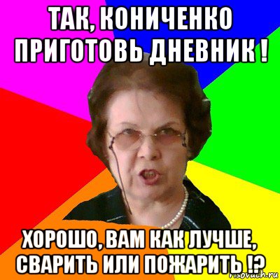 так, кониченко приготовь дневник ! хорошо, вам как лучше, сварить или пожарить !?, Мем Типичная училка