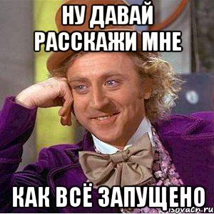 ну давай расскажи мне как всё запущено, Мем Ну давай расскажи (Вилли Вонка)