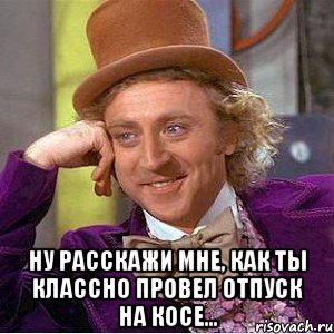  ну расскажи мне, как ты классно провел отпуск на косе..., Мем Ну давай расскажи (Вилли Вонка)