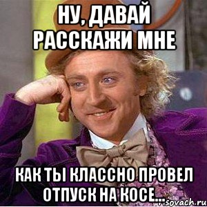 ну, давай расскажи мне как ты классно провел отпуск на косе..., Мем Ну давай расскажи (Вилли Вонка)