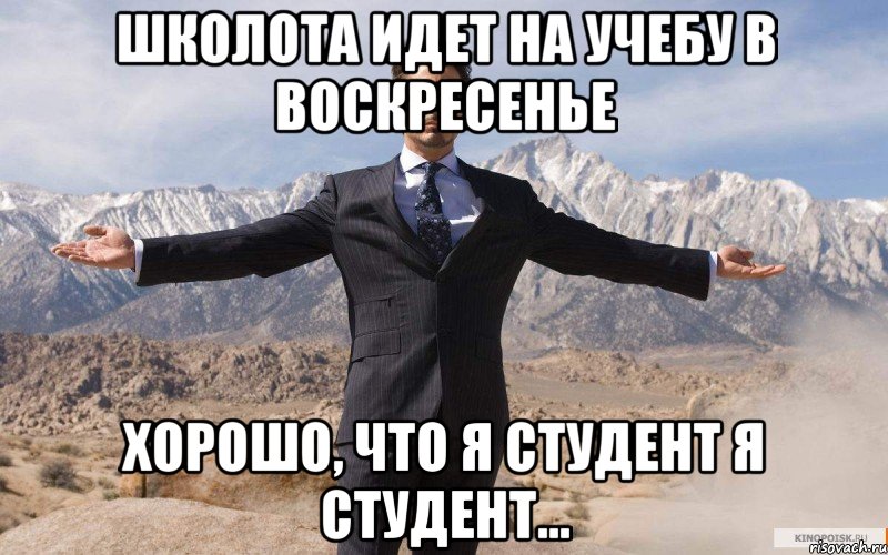 школота идет на учебу в воскресенье хорошо, что я студент я студент..., Мем железный человек