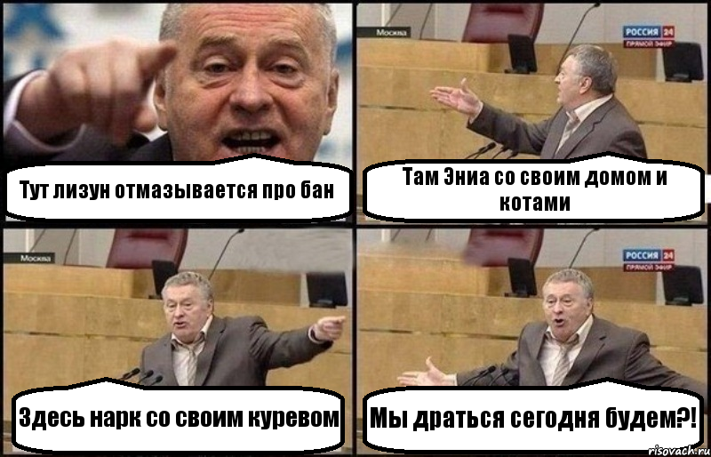 Тут лизун отмазывается про бан Там Эниа со своим домом и котами Здесь нарк со своим куревом Мы драться сегодня будем?!, Комикс Жириновский