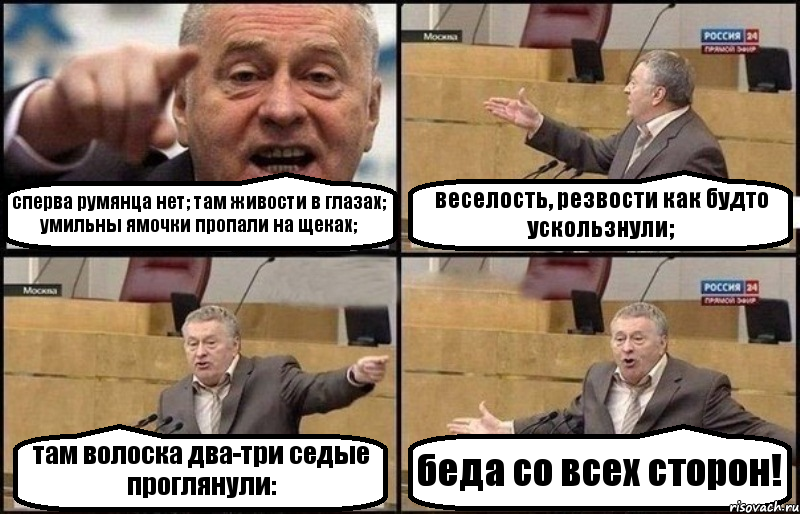 сперва румянца нет; там живости в глазах; умильны ямочки пропали на щеках; веселость, резвости как будто ускользнули; там волоска два-три седые проглянули: беда со всех сторон!, Комикс Жириновский